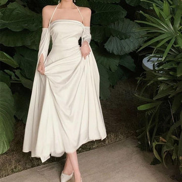 White Simple Clean A Line Halter Long Sleeve Satin Long Prom Dress Evening Dress HZ1023